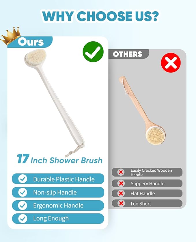 Back Scrubber for Shower with 17" Long Handle, Non-Slip Grip Shower Brush, Moderate Bristles Body Brush for Gentle Exfoliation, Back Brush for Shower Men & Women β Cream White