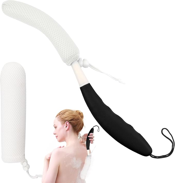 Shower Back Brush with Long Handle, 15.35" Body Brush, Long Back Scrubber for Men Women, Long Handled Sponge Body Exfoliator, Loofah Back Scrubber for Aid Bathing(Black)