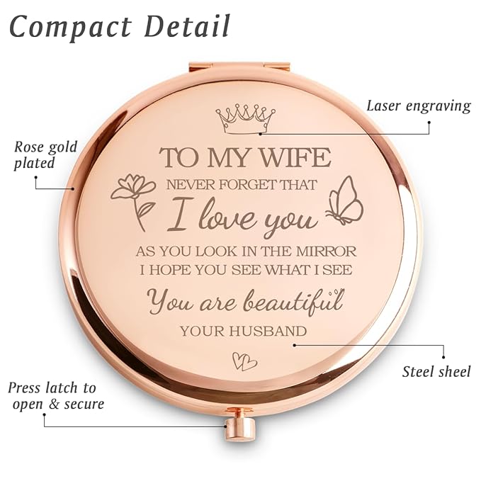 Wife Gifts from Husband, Personalized Compact Mirror, Unique Mothers Day Birthday Gifts for Wife, Romantic Anniversary Present for Her