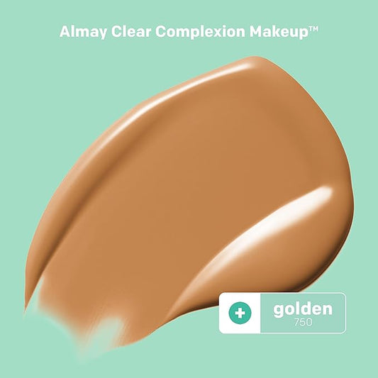 Almay Clear Complexion Acne Foundation Makeup with Salicylic Acid, Medium Coverage, Soft Matte Finish, Hypoallergenic, Cruelty- & Fragrance-Free, Dermatologist Tested, 750 Golden, 1 fl oz