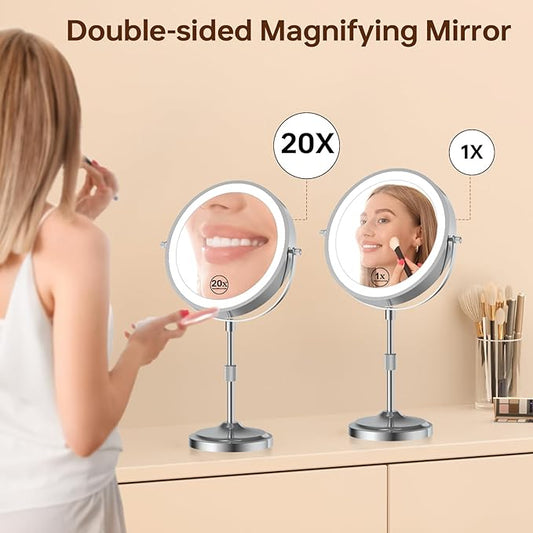 9" Magnifying Mirror with Lights 20X, Height Adjustable, Dimmable, Rechargeable, Chrome