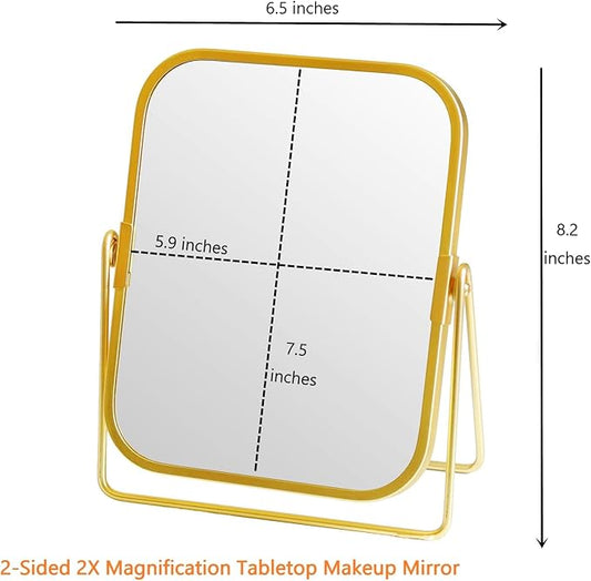 2-Sided Golden Tabletop Makeup Mirror, Double Sided 2X Magnification Vanity Mirror, 360Β°Rotation Dressing Table Mirror (Gold - Rectangle)