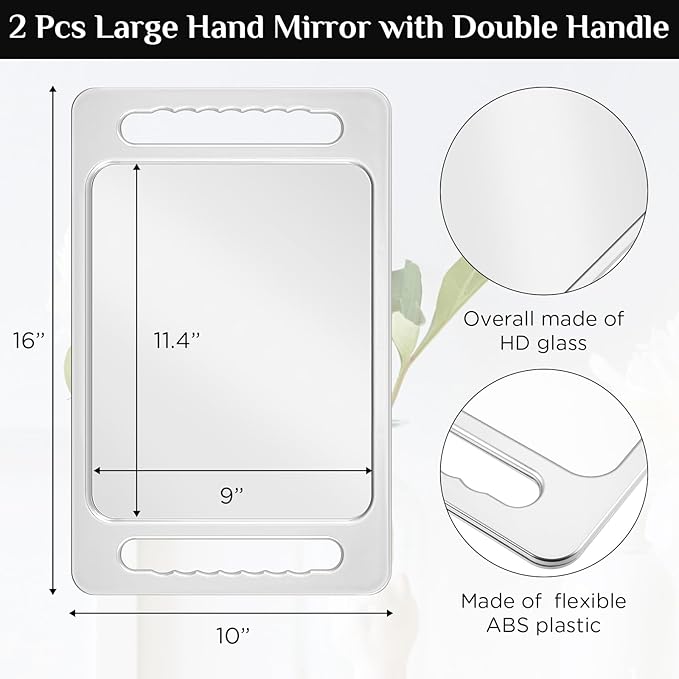 Kigley 2 Pcs Large Hand Mirror with Double Handle Barber Mirror Unbreakable Rectangular Hand Held Hair Salon Equipment Hairstylist and Barber Accessories, 15.75 x 9.84 Inches/ 40 x 25 cm (Silver)