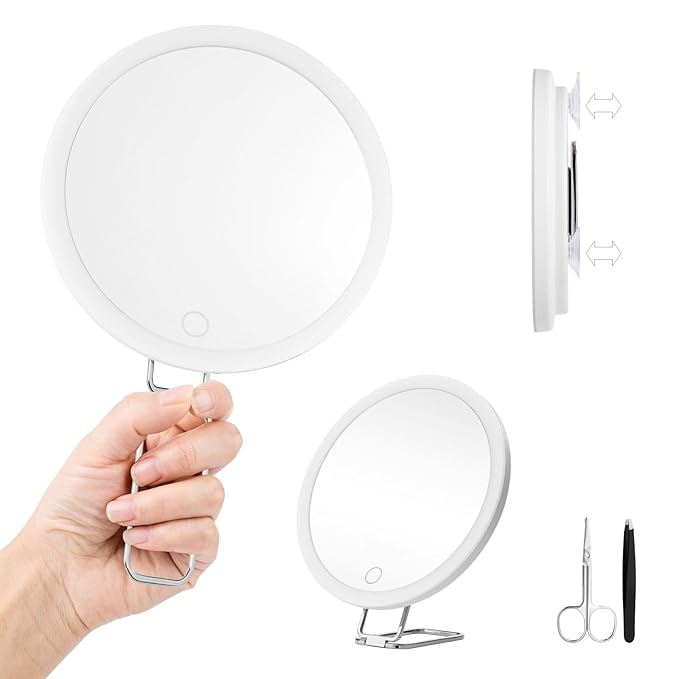 10X Magnifying Mirror with Lights, 6inch Makeup Magnified Mirror 10x Lighted Travel Magnification with 3 Suction Cups and 360° Adjustable Stand - Includes Tweezers & Scissors