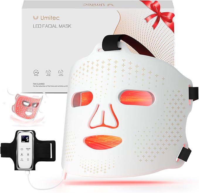 LED Face Mask Light Therapy, 4 Modes Red Light Therapy for Face with Remote and Timer, 2000mAh Rechargeable, Blue, 850NM Infrared & Red Light Therapy Mask for Home Use, 288 LEDs, White