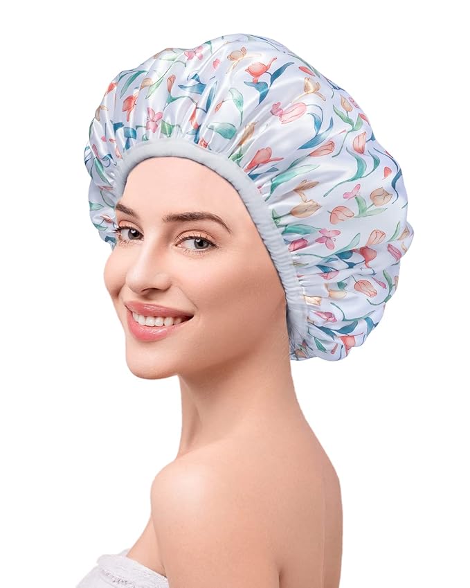 Shower Cap, Terry lined Reusable shower caps, Large Shower Cap for Women, Waterproof Hair cap Triple Layer Shower Caps for Long Thick Hair