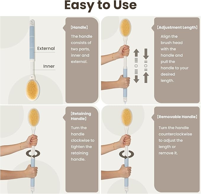 New Upgrade Back Scrubber for Shower, Adjustable 15.7'' to 24'' Long Handle Shower Brush for Body Yintuzi Double Sided Back Shower Scrubber Exfoliation and Massage Suitable for Wet or Dry Brushing