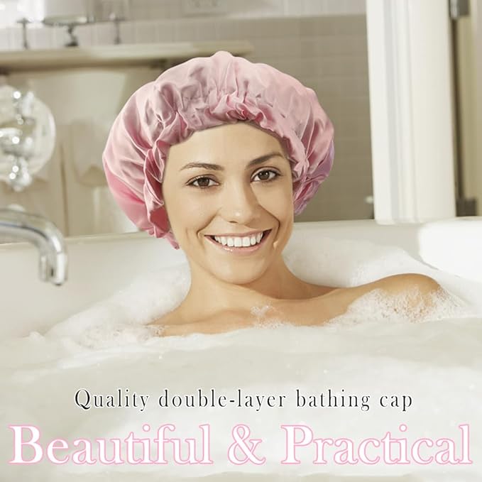 5 Pack Breathable Satin Shower Caps Double Layers Bathing Hat Reusable Shower Cap for Women EVA Elastic Caps Waterproof Bath Hair Hat