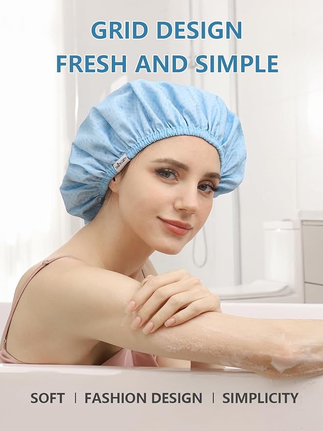 Years calm Shower Caps For Women Reusable Waterproof,Pattern And Solid Color Dual-Layer Design For Dual-Layer Usable,Protects Hair In Shower, Spa, Cooking, Clean & Travel (Blue, Extra Large)
