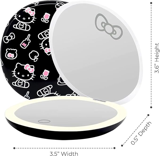 Impressions Vanity Hello Kitty The Favorites Compact Mirror with Light, Double Sided Cute Travel Makeup Mirror with Magnification, Soft Touch Button, and Adjustable Brightness