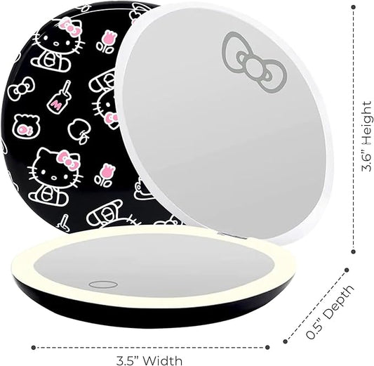 Impressions Vanity Hello Kitty The Favorites Compact Mirror with Light, Double Sided Cute Travel Makeup Mirror with Magnification, Soft Touch Button, and Adjustable Brightness