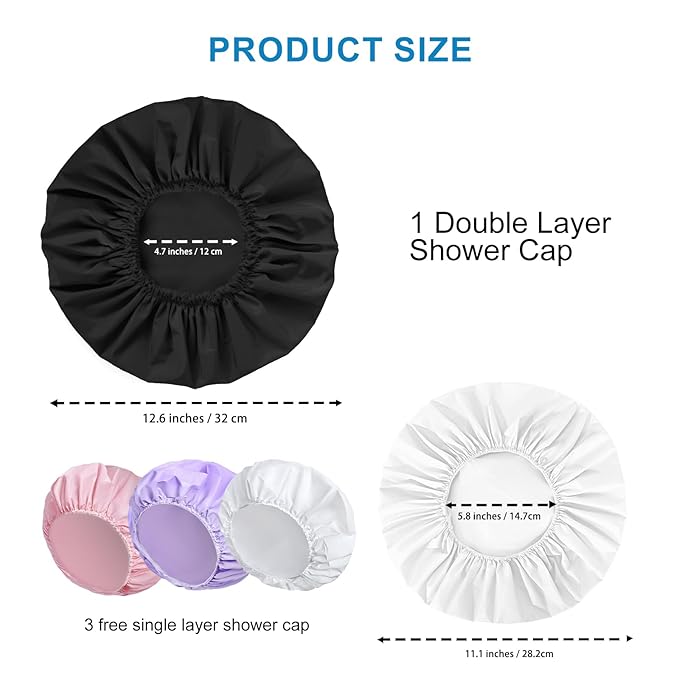 Shower Cap for Women Set of 4, 1 Double-Layer Waterproof Bath Cap + 3 Single-Layer Waterproof Shower Caps β Reusable Hair Protector, TPU Coated Elastic Bathing Cap for Women & Men - Black
