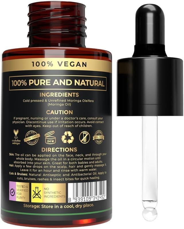 USDA Organic Moringa Oil - Cold-Pressed, Pure & Natural, Carrier Oil for Essential Oils Mixing, Skin, Hair, Face - Moringa Seed Oil - Aceite de Moringa Organico