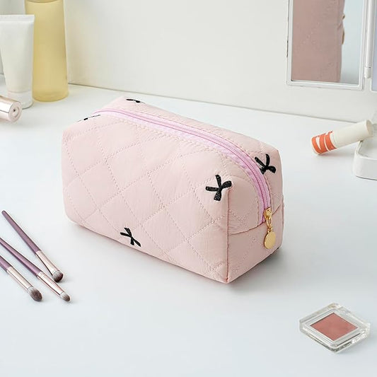 Gleyemor Small Quilted Makeup Bag for Women, Cute Floral Bow Cosmetic Bag, Emergency Bag Travel Toiletry Cotton Pouch Gifts for Girls Her Mom Friend Sister Bridesmaid (Pink&Black Bow)