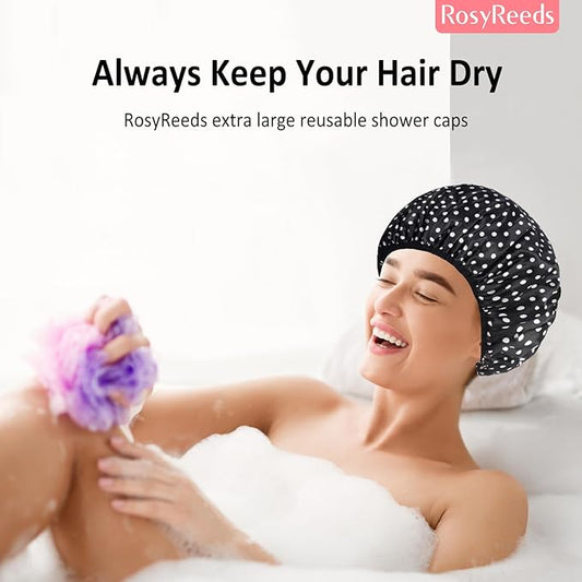 2-Pack Reusable Waterproof Shower Caps for Women, Double-Layer Elastic Bath hat,Extra Large Hair Cap for Long Curly HairοΌBlack, PinkοΌ