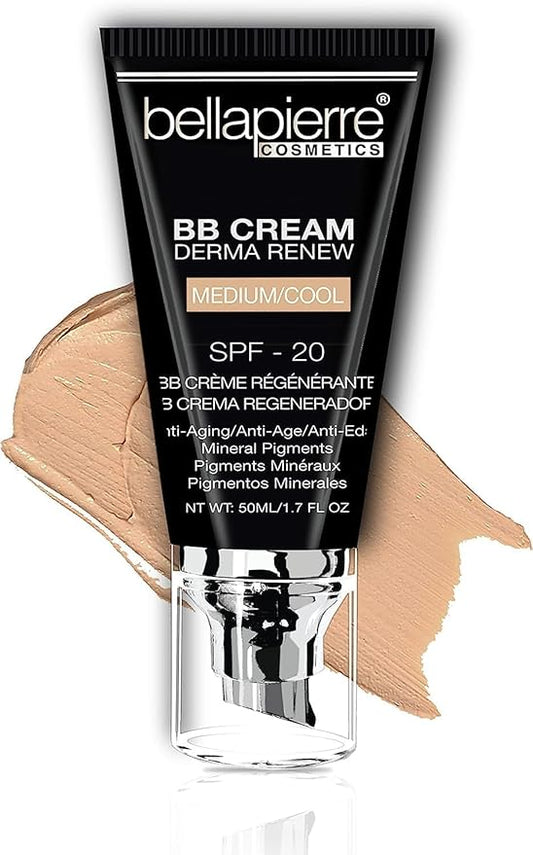 bellapierre BB Cream with SPF 20 - Tinted Sunscreen, Concealer, Matte Foundation, & Moisturizing Face Cream | Lightweight Formula + Pump Top Applicator | Paraben Free | 1.7 Oz - Medium Cool