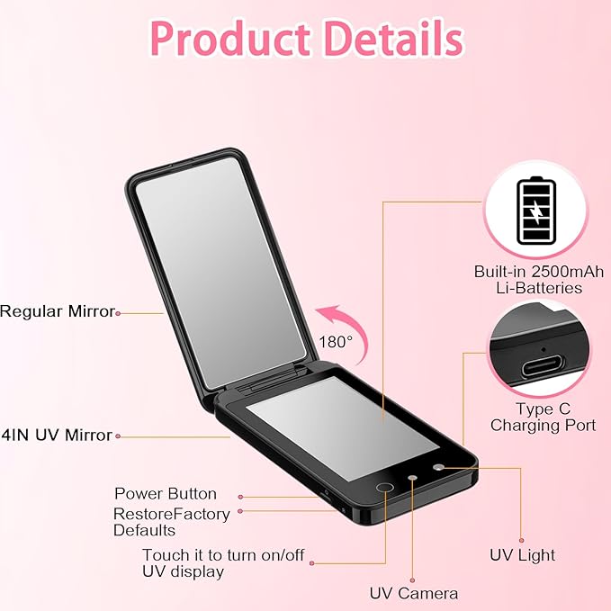 DESCHEN 2500mAh Rechargeable UV Camera UV Mirror for Sunscreen Test, 4 Inch Portable Double-Sided Travel Smart UV Lens Compact Detection Makeup Sunscreen Testing Camera Mirror, Skin Sun Protection