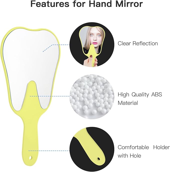 Annhua Hand Mirrors with Handle Tooth-Shape Dental Mirror Tool Face Mirror Yellow, Hand Held Travel Mirror Small and Cute, Used for Oral Clinic, Salon, Barber and Hairdressing