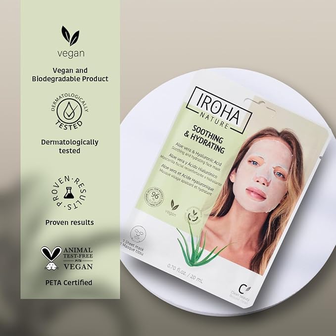 IROHA NATURE Comforting & Hydrating Tissue Face Mask with Aloe Vera | 5 Pack | Aftersun Effect | 96% Natural Ingredients