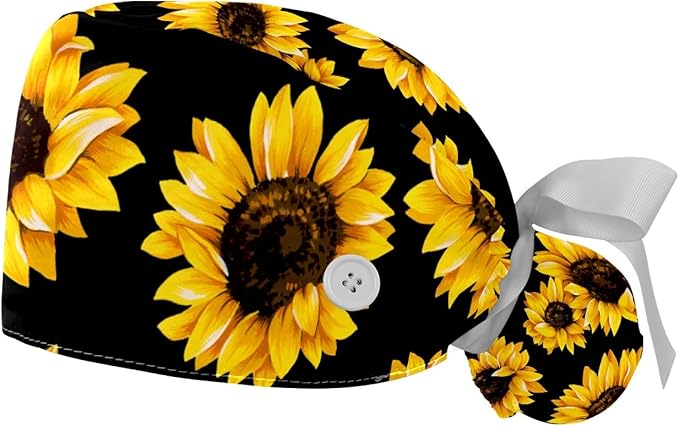 2 PCS Bouffant Cap with Button Ponytail Pouch Working Cap Sweatband Adjustable Surgical Cap Black and White Cow