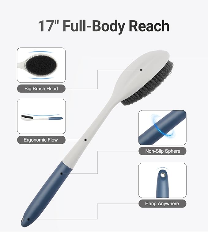 surlees Back Scrubber for Shower for Men & Women 17" | Body Brush for Wet & Dry Brushing | Exfoliating Body Scrubber & Back Brush | Shower Brush with Long Handle for Cellulite & Acne