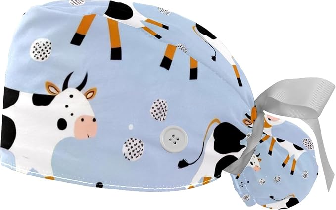 2 PCS Bouffant Cap with Button Ponytail Pouch Working Cap Sweatband Adjustable Surgical Cap Black and White Cow