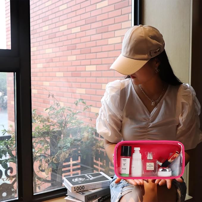 Medium Preppy Transparent Makeup Pouch Women Travel Clear TPU and Nylon Cosmetic Pouch (Medium, HotPink)