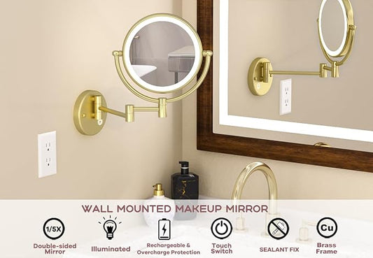 8 Inch Brass Rechargeable Lighted Wall Mounted Makeup Mirror Gold, 1X/5X Double Sided Vanity Mirror with Light and Magnification, 360 Swivel Extendable Shaving Mirror, Brushed Gold