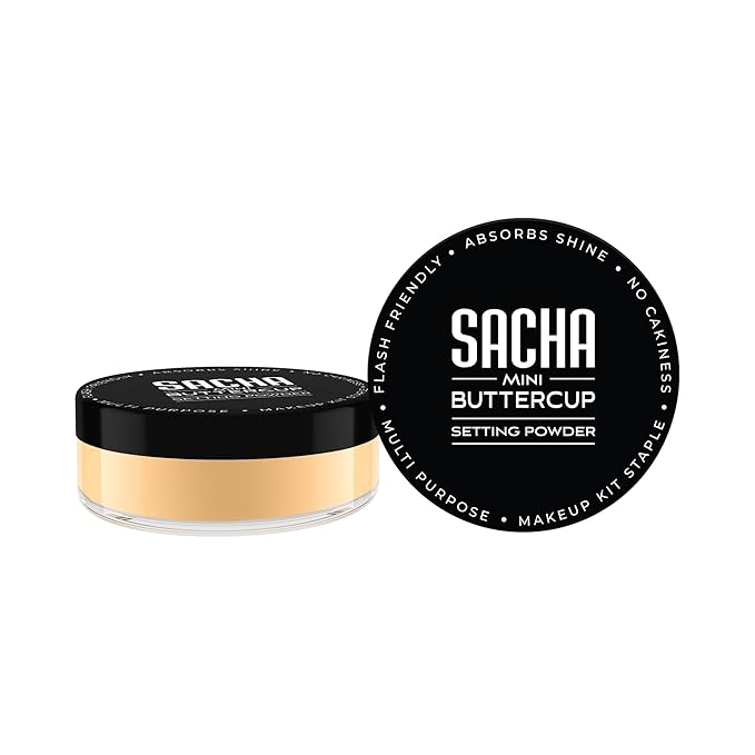 Sacha BUTTERCUP Mini Setting Powder. No Ashy Flashback. Blurs Fine Lines and Pores. Loose, Translucent Face Powder to Set Makeup Foundation or Concealer. For Medium to Dark Skin Tones, 0.35 oz.