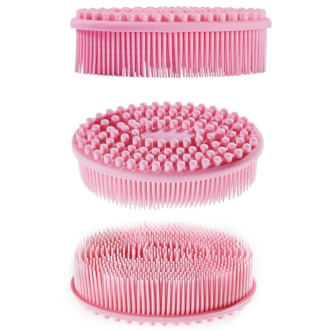 Exfoliating Silicone Body Scrubber 2 in 1 Silicone Shower Brush Natural Bristle Massager Bath Sponge Gentle Scrub Skin Exfoliation For Face and Body Massage Nubs Improve Blood Circulation Set of 2