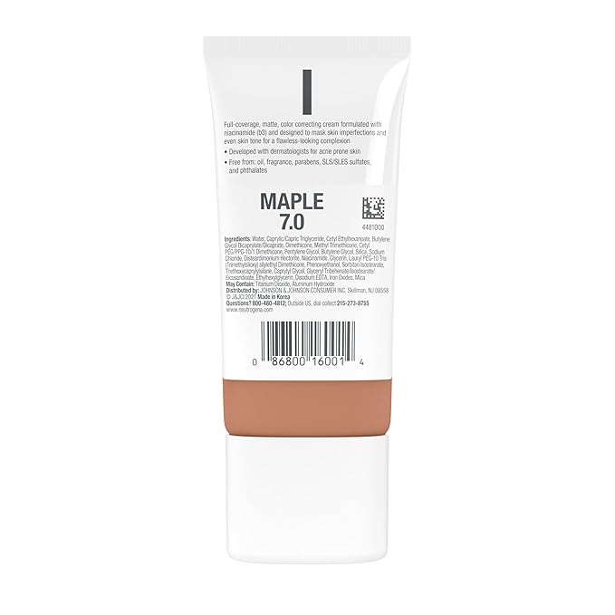Neutrogena Clear Coverage Flawless Matte CC Cream, Full-Coverage Color Correcting Cream Face Makeup with Niacinamide (b3), Hypoallergenic, Oil Free & Fragrance Free, Maple, 1 oz