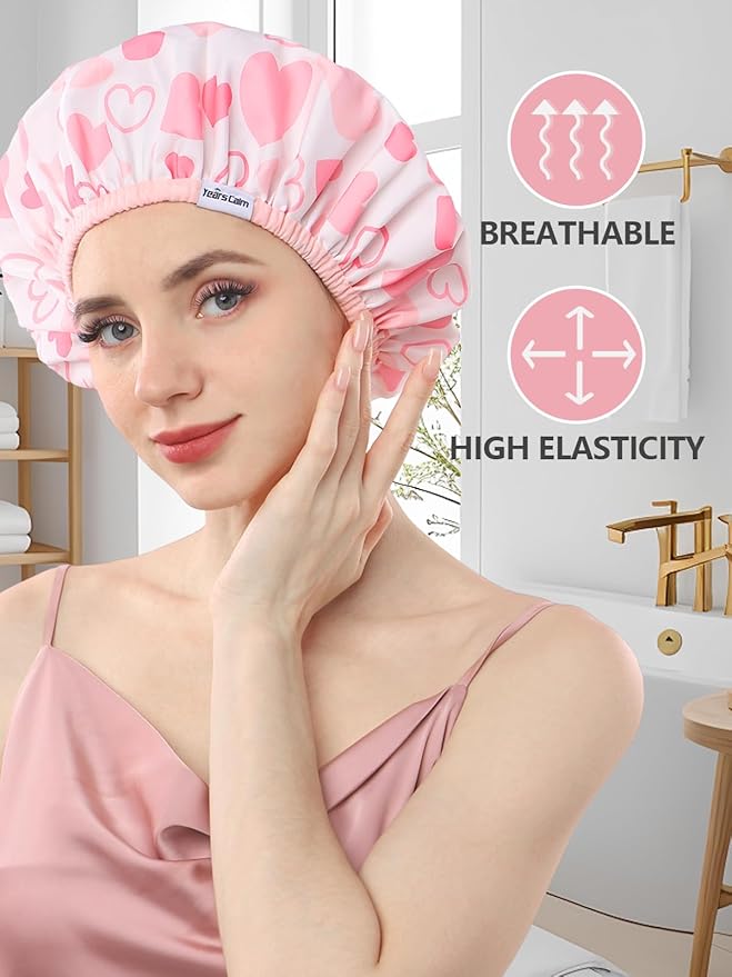 Years Calm Shower Caps For Women Reusable Waterproof,Pattern And Solid Color Dual-Layer Design For Dual-Layer Usable,Protects Hair In Shower, Spa, Cooking, Clean & Travel (Pink, Extra Large)