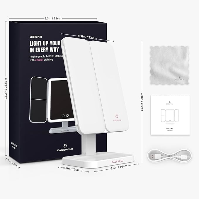EASEHOLD Lighted Makeup Mirror, Rechargable Vanity Mirror with Magnification, 2X 3X, Trifold Makeup Mirror with Touch Control, 3 Color Dimmable LED Lights, Portable Make up Mirror, Gifts for Women