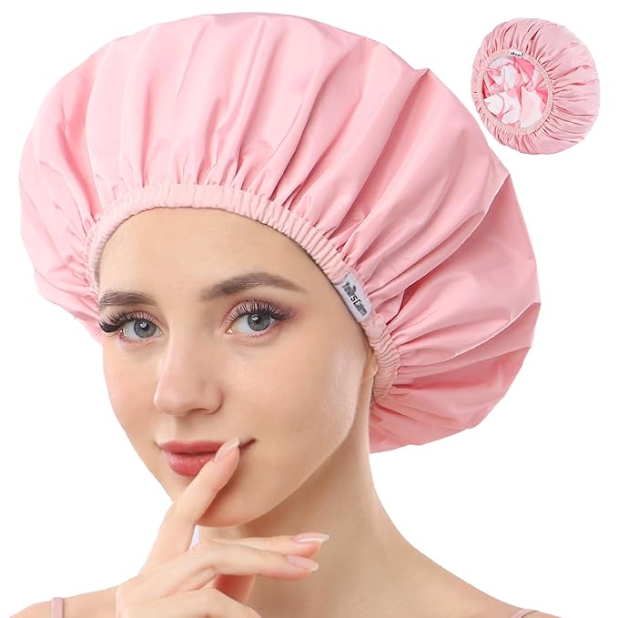 Years Calm Shower Caps For Women Reusable Waterproof,Pattern And Solid Color Dual-Layer Design For Dual-Layer Usable,Protects Hair In Shower, Spa, Cooking, Clean & Travel (Pink, Extra Large)