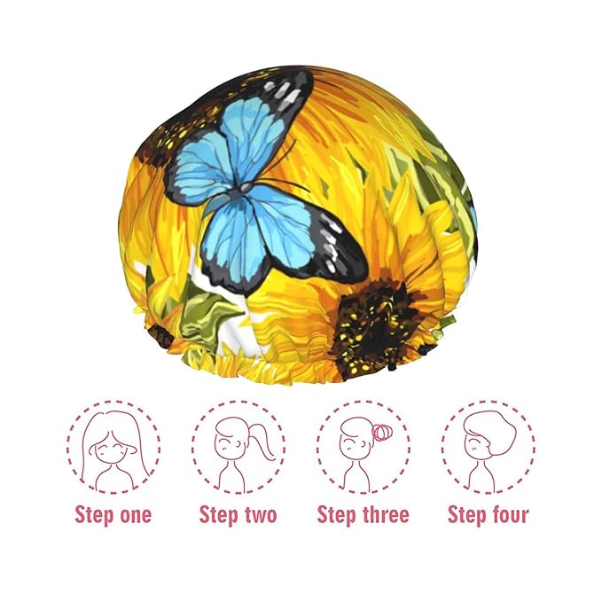 Sunflowers Blue Butterflies Shower Cap for Women,Double Waterproof Layers Bathing Shower Hat Large Designed for all Hair