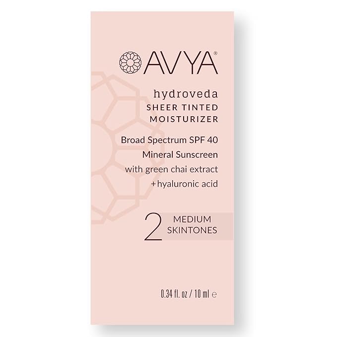 AVYA SPF 40 Sheer Tinted Moisturizer with Hyaluronic Acid & Green Chai β Advanced Ayurvedic Skincare Treatment for Balanced and Brighter Skin/Medium Skintones Shade #2 (0.34oz/10ml)