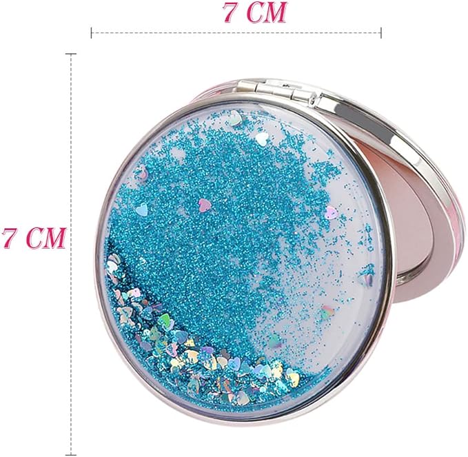 AKOAK 1 Pack Compact Mirror, Portable Quicksand Pocket Travel Makeup Mirror, Folding Hand-held Double Sided 1x/2x Magnifying Glass, Great Gift for Women and Girls(Blue)