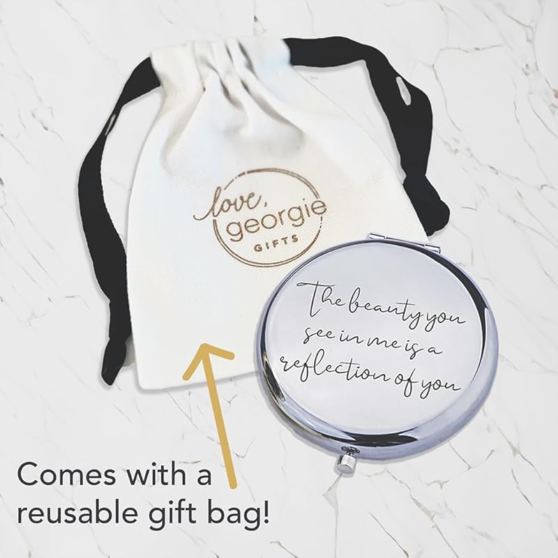 Love, Georgie "The beauty you see in me is a reflection of you" Pocket Mirror. Gift for Weddings, Birthdays, or Mother's Day. Compact Mirror for the Mother of the Bride or Groom. (Silver)