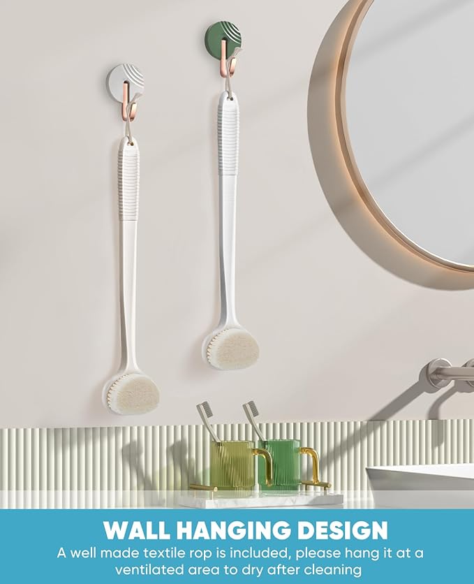 Back Scrubber for Shower with 17" Long Handle, Non-Slip Grip Shower Brush, Moderate Bristles Body Brush for Gentle Exfoliation, Back Brush for Shower Men & Women β Cream White