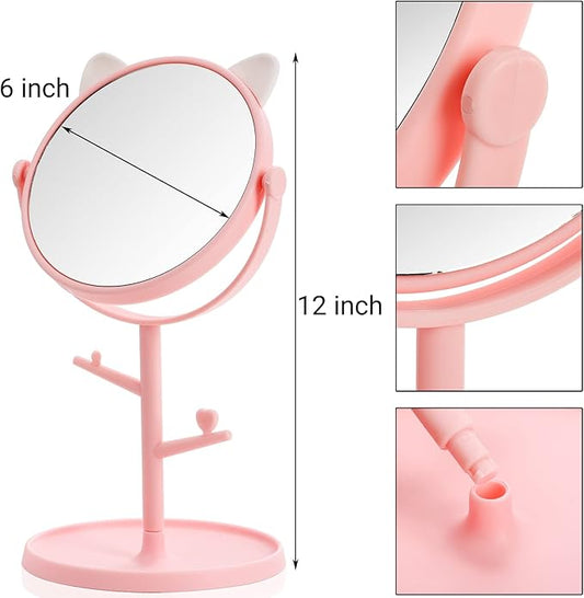 4 Pack Cute Desk Mirrors, Rotatable Makeup Mirror in Cat Ears, 6 Inch Vanity Mirror with Storage Tray, High Definition Cosmetic Mirrors, Tabletop Dresser Mirror with Stand for Bedroom Spa Party