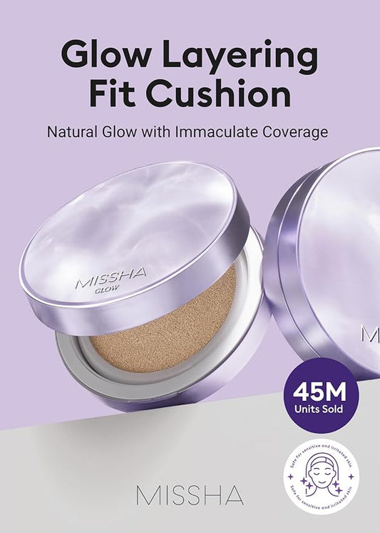 MISSHA Serum Cushion Glow Layering Fit Cushion Foundation No.23 Sand Natural Beige for Neutral Skin Tone, Korean Foundation Makeup, Rich-Texture, Full-Coverage, 24-Hr Hydrating, Triple Glow System
