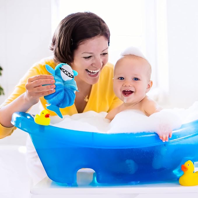 Nuenen 2 Pcs Bath Loofahs Kids Toddler Cute Cartoon Bath Sponges Loofah Pouf Body Scrubber Mesh Sponges for Children Shower Washing Exfoliating
