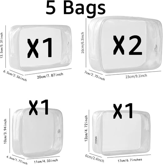 5 Pack Clear Plastic Zippered Toiletry Carry Pouch TSA Approved Toiletry Bag Portable Cosmetic Makeup Bag for Vacation, Bathroom and Organizing (White, Mixed Size)