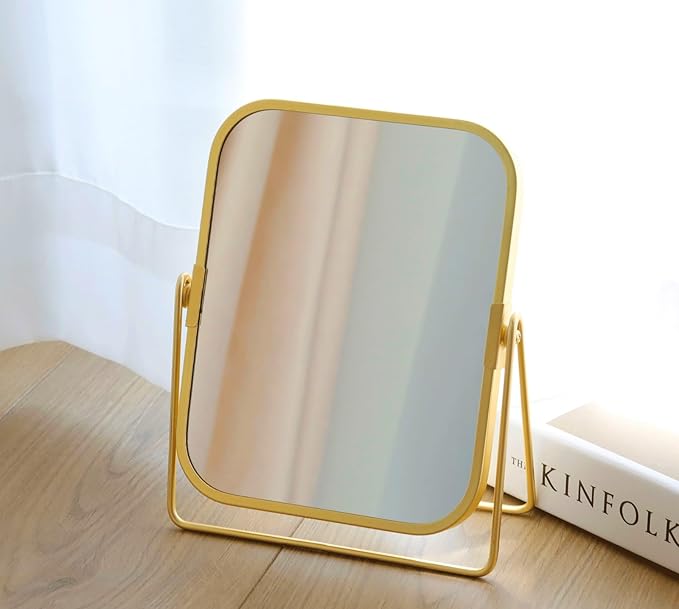 2-Sided Golden Tabletop Makeup Mirror, Double Sided 2X Magnification Vanity Mirror, 360°Rotation Dressing Table Mirror (Gold - Rectangle)