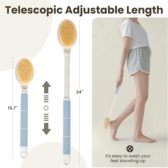 New Upgrade Back Scrubber for Shower, Adjustable 15.7'' to 24'' Long Handle Shower Brush for Body Yintuzi Double Sided Back Shower Scrubber Exfoliation and Massage Suitable for Wet or Dry Brushing