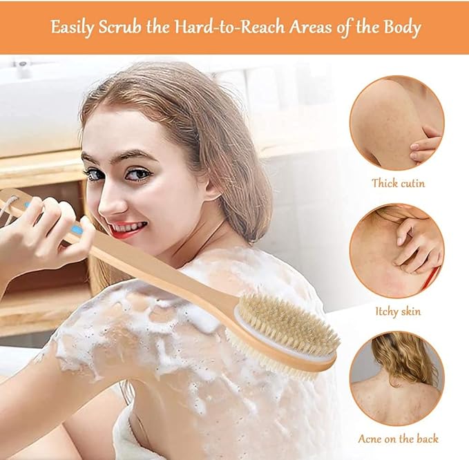 Body Brush Back Scrubber for Shower Exfoliating Body Scrubber with Soft and Stiff Bristles Shower Foot Scrubber Shower Loofah with Long Handle for Wet or Dry Brushing Exfoliating Massage