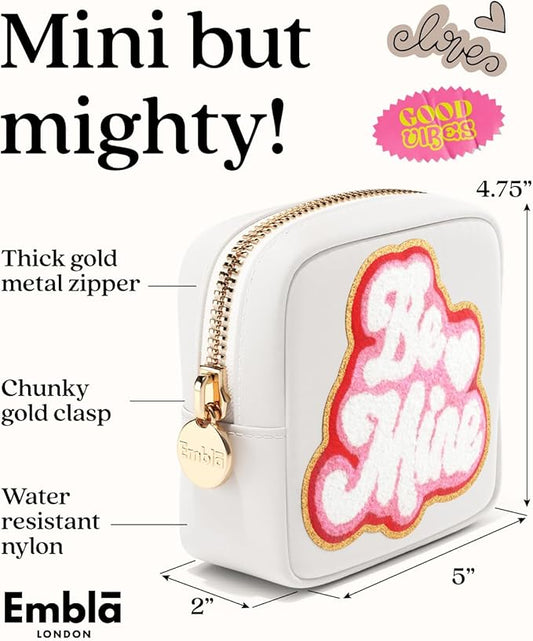 BE MINE Valentine Makeup Bag Travel Cosmetics Pouch and Toiletry Bag, Nylon Zipper Pouch Purse, Cute Make Up Organizer Storage Tote for Women Girls, Travel Skincare Case, Small Makeup Bags, White