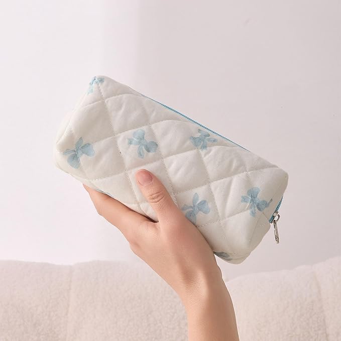 3 Piece Cute Blue Bow Quilted Makeup Bag Set, Large Capacity Travel Makeup Bags for Women and Girls, Includes Small, Medium, and Extra Large aesthetic makeup&Cosmetic Bags (3PCS-Blue Bow)