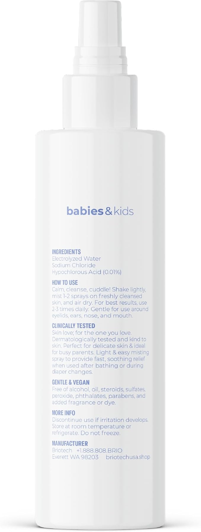Briotech Baby Skin Love Spray | Gentle Hypochlorous Acid Mist for Soothing, Calming & Cleansing Delicate Skin | Pediatrician-Approved, Hypoallergenic & Added Fragrance-Free | 4 oz