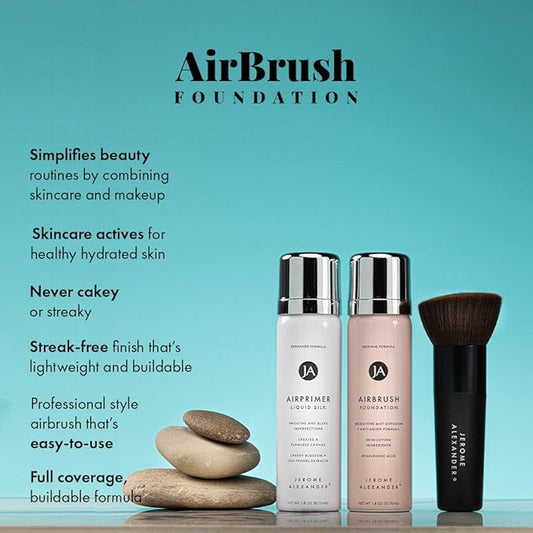 MagicMinerals AirBrush Foundation Set by Jerome Alexander β 3pc Set Includes Primer, Foundation and Kabuki Brush - Spray Makeup with Anti-aging Ingredients for Smooth Radiant Skin (Light)